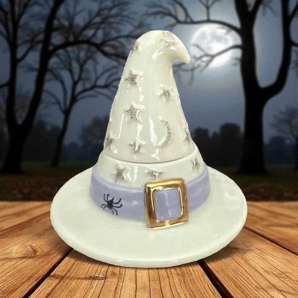 Lenox Halloween Witch Hat Votive Candle Holder Ivory Purple Gold Accents